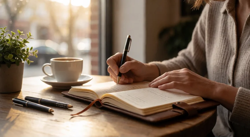 como mejorar para ser un buen lider, Persona reflexionando y planificando su desarrollo como líder en un cuaderno