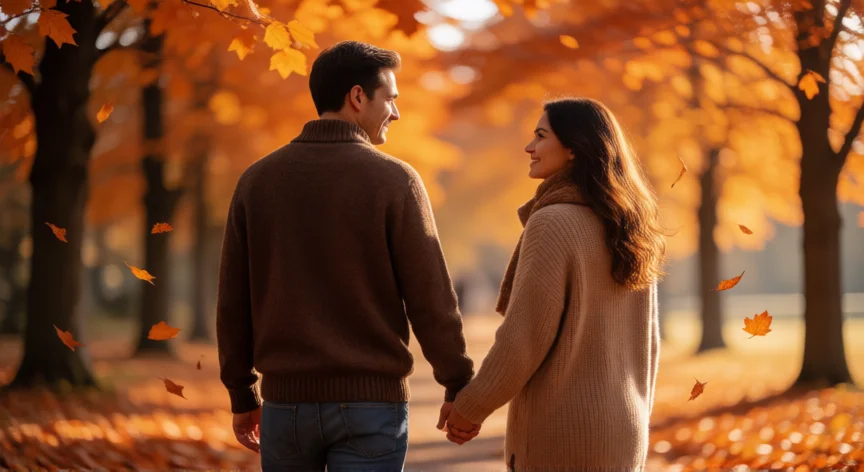 como mejorar para ser una buena novia, Pareja caminando de la mano en un paseo por un camino otoñal