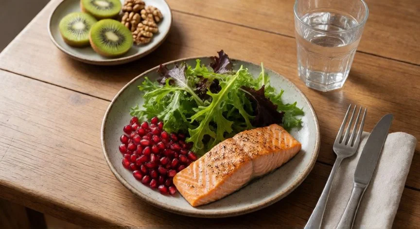 como mejorar piel quemada por el sol, Comida antiinflamatoria con salmón, frutos secos y frutas para acelerar la cicatrización de la piel