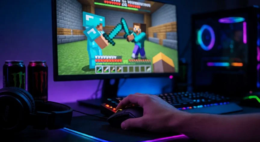 como mejorar pvp 1.8, Jugador practicando PvP de Minecraft 1.8 con ratón y teclado bajo iluminación RGB