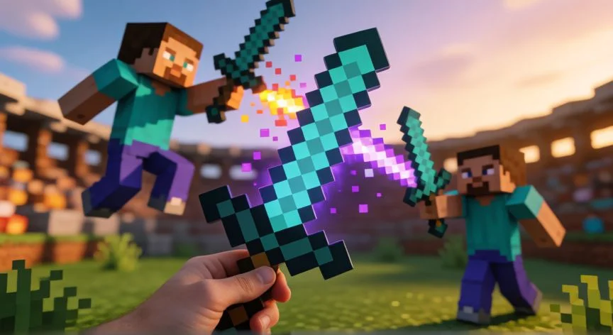 como mejorar pvp 1.8, Espada encantada de Minecraft con dos personajes en combate PvP en el fondo