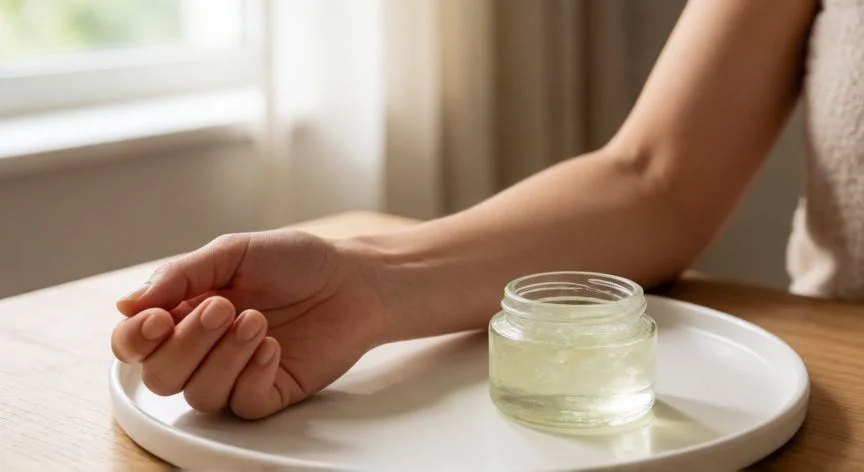 como mejorar quemaduras de sol, Brazo con quemadura de sol leve junto a un frasco de gel de aloe vera puro