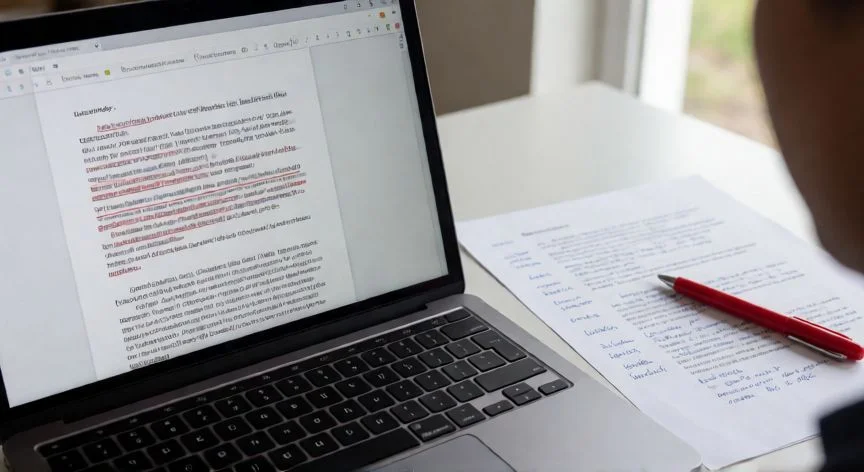 como mejorar redaccion, Documento en edición con correcciones en pantalla y notas manuscritas al margen