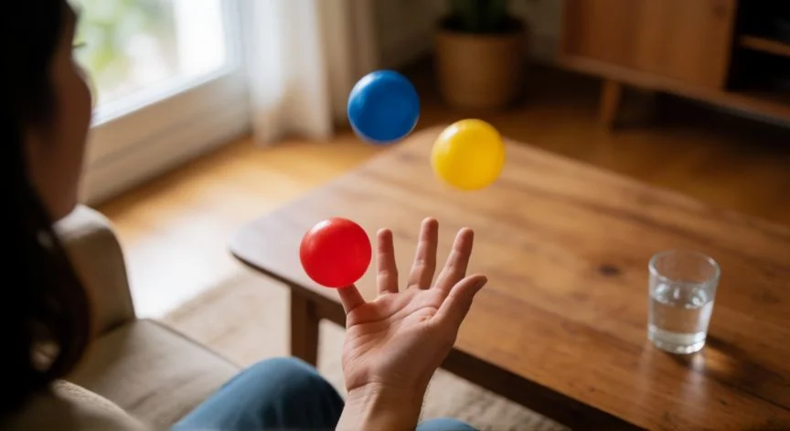 como mejorar reflejos, Persona haciendo malabares con tres pelotas en un salón de casa