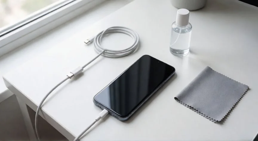 como mejorar rendimiento xiaomi, Móvil Xiaomi sobre escritorio con accesorios de limpieza y mantenimiento