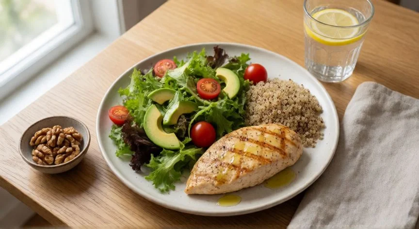 como mejorar resistencia a la insulina, Comida equilibrada baja en carga glucémica con proteínas, verduras y granos integrales