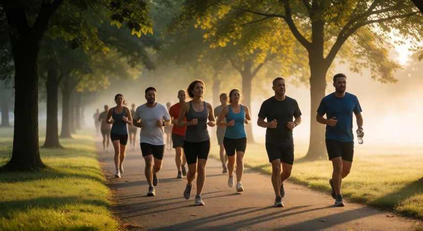 Grupo de personas corriendo y caminando en un parque al amanecer entrenando resistencia