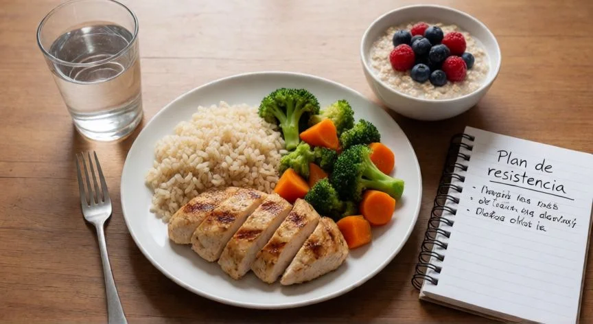 como mejorar resistencia fisica, Comida equilibrada con pollo, arroz integral y verduras junto a un plan de entrenamiento de resistencia