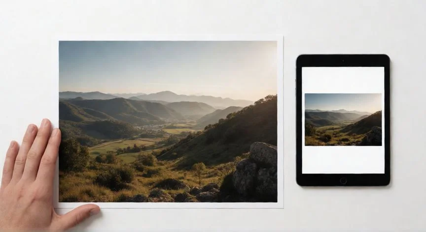como mejorar resolucion de una imagen, Comparación entre impresión en tamaño grande y archivo digital pequeño en una tableta