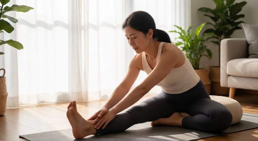 como mejorar retencion de liquidos, Mujer practicando estiramientos de yoga con las piernas elevadas para mejorar la circulación