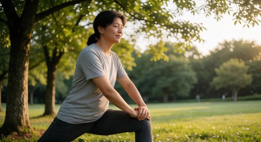 como mejorar salud intestinal, Persona haciendo estiramientos en un parque para reducir el estrés y mejorar la salud digestiva