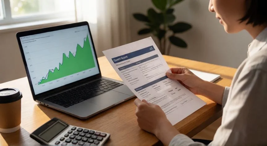 como mejorar score crediticio, Persona revisando su informe crediticio en casa con gráfico de mejora