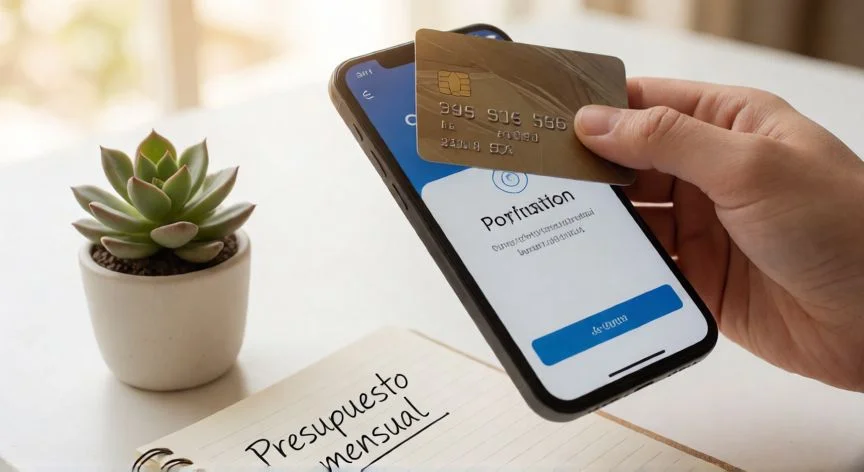 como mejorar score crediticio, Manos pagando con tarjeta de crédito y planificando presupuesto mensual