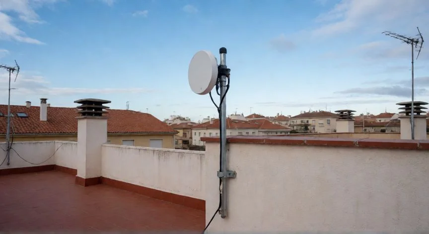 como mejorar señal 5g, Instalación de antena 5G externa en tejado de edificio residencial
