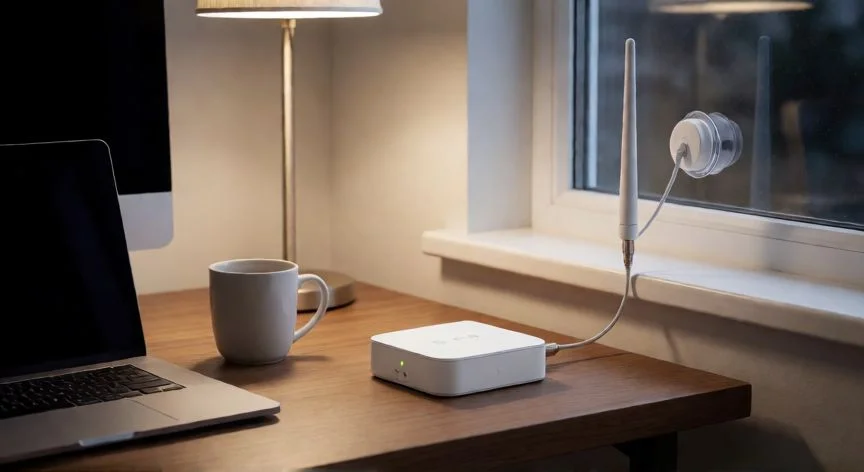 como mejorar señal de celular, Repetidor de señal celular doméstico instalado en una mesa de escritorio con antena externa en la ventana