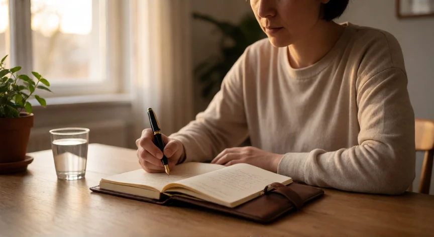 como mejorar ser autocritico, Persona escribiendo en una bitácora de autoanálisis en su escritorio