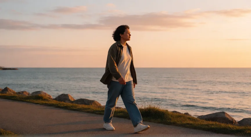como mejorar ser autocritico, Persona reflexionando en un paseo por la costa al atardecer