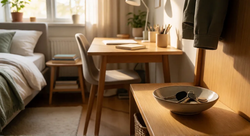 como mejorar ser desordenado, Habitación ordenada con bol de llaves en la entrada y cama hecha, estilo acogedor