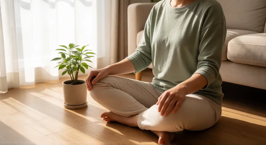 como mejorar ser hipocondría, Persona practicando respiración consciente en un salón luminoso para gestionar la ansiedad por enfermedad.