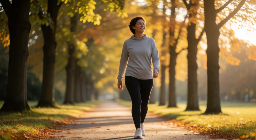 como mejorar ser hipocondría, Persona caminando por un parque al atardecer como parte de la rutina contra la hipocondría.