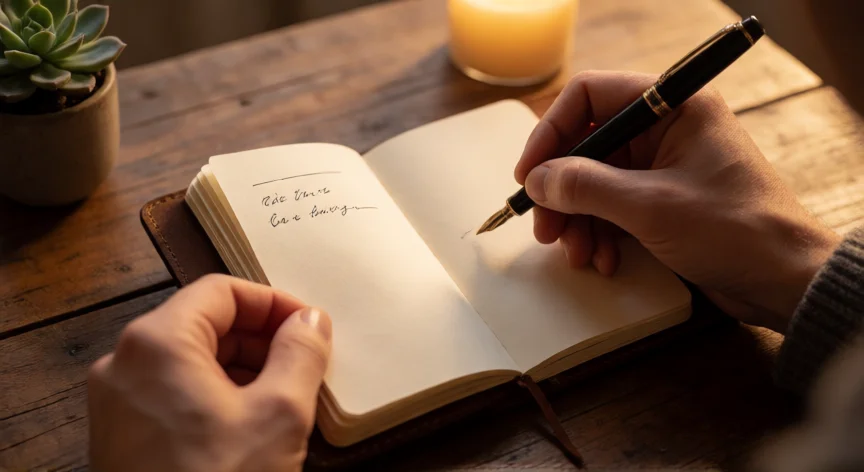 como mejorar ser impaciente, Manos escribiendo en un diario de gratitud sobre una mesa de madera con luz cálida