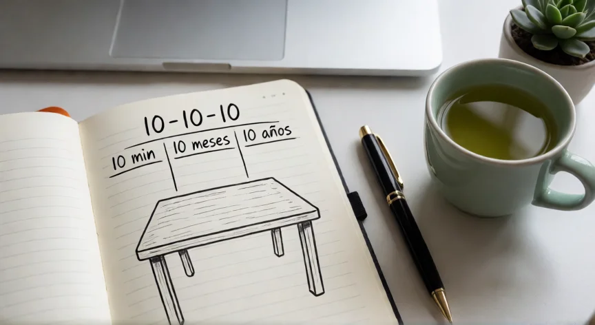 como mejorar ser impulsivo, Cuaderno con la regla 10-10-10 sobre un escritorio para reflexionar antes de actuar por impulso