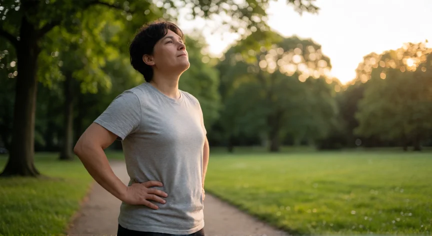 como mejorar ser perfeccionista, Persona respirando con calma en un parque soltando la presión del perfeccionismo