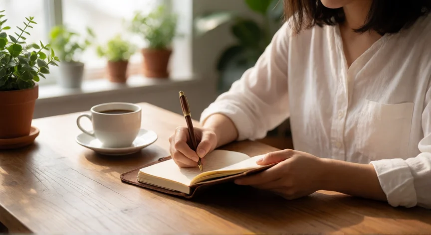 como mejorar ser responsable, Persona planificando su semana en una libreta en un escritorio despejado con luz natural