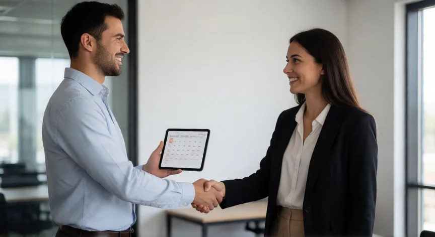 como mejorar ser responsable, Dos profesionales confirmando un compromiso en una oficina luminosa con tableta de calendario