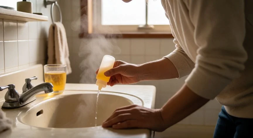 como mejorar sinusitis, Persona realizando irrigación nasal con suero fisiológico en el lavabo