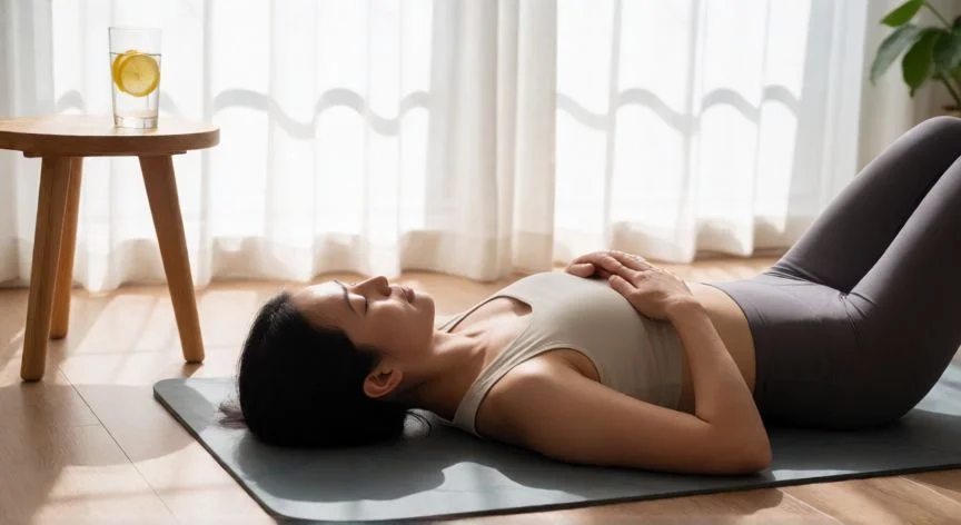 como mejorar sistema linfatico, Mujer practicando respiración diafragmática en casa con luz natural y vaso de agua con limón