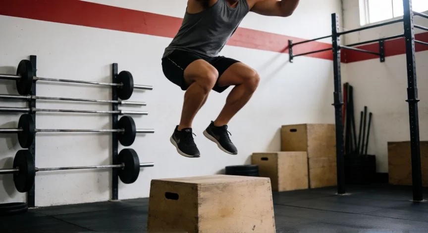 como mejorar sprint 50 metros, Atleta realizando depth jump en gimnasio como trabajo pliométrico