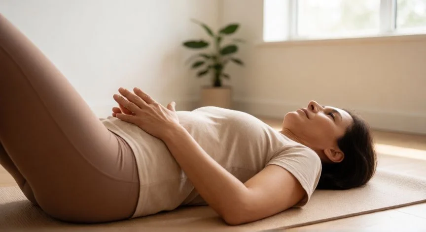 como mejorar suelo pelvico, Mujer realizando ejercicio de suelo pélvico en consulta de fisioterapia
