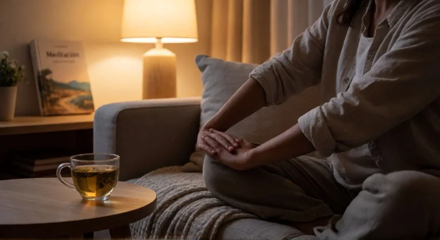 como mejorar sueño profundo, Persona estirando suavemente en una habitación tranquila antes de dormir