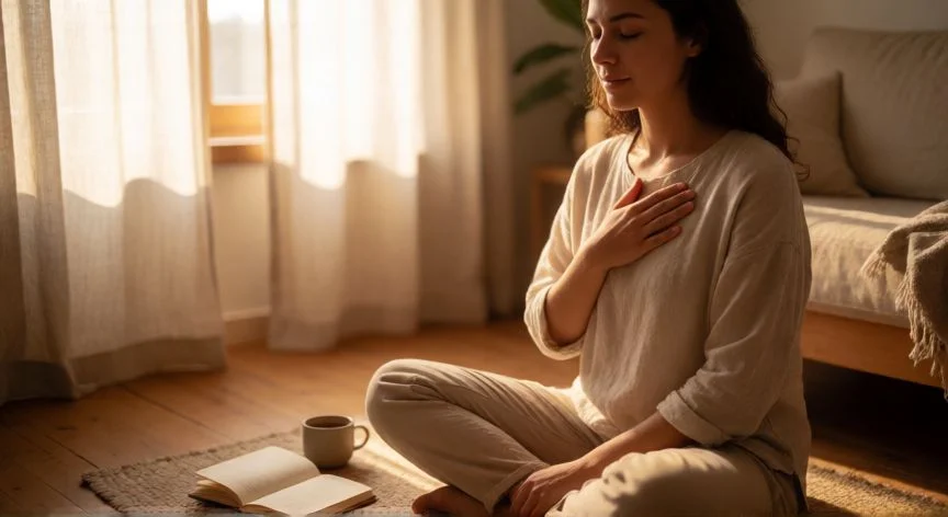 como mejorar tu autoestima, Mujer practicando autocompasión en un ambiente cálido y luminoso