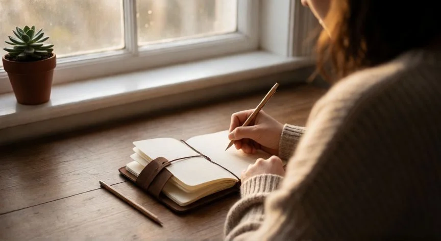 como mejorar tu autoestima, Persona escribiendo en un diario personal junto a una ventana iluminada