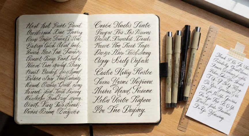 como mejorar tu caligrafía en 30 días, Comparación de letra antes y después con material de caligrafía sobre escritorio