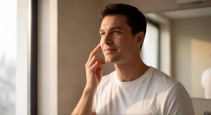 como mejorar tu cara, Hombre aplicando protector solar en el rostro con luz natural de mañana