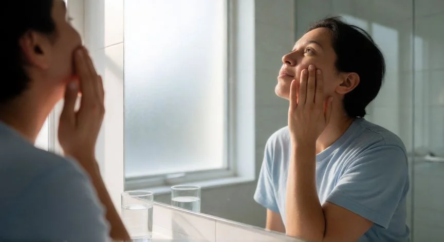 como mejorar tu cara, Persona haciendo ejercicio facial frente al espejo con luz de mañana