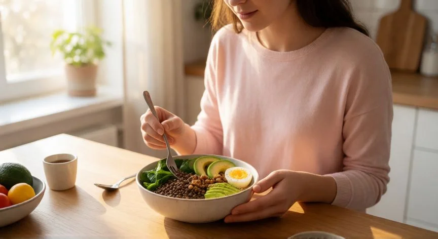 Mujer preparando un bowl saludable con legumbres y verduras para mejorar su ciclo menstrual