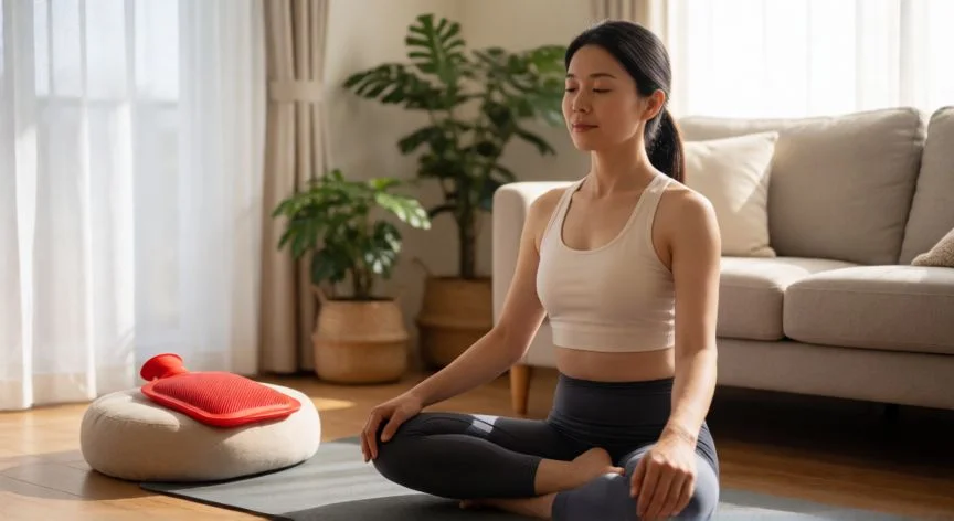 como mejorar tu ciclo menstrual, Mujer practicando yoga suave en casa con una compresa caliente para aliviar molestias menstruales