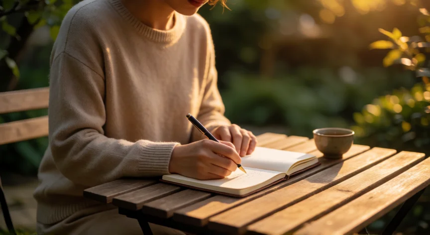 como mejorar tu forma de ser, Persona escribiendo en una libreta al aire libre durante la hora dorada, momento de autoobservación