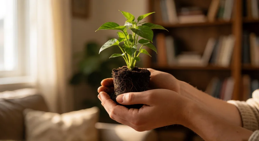 como mejorar tu forma de ser, Manos cuidando una pequeña planta con raíces visibles, metáfora del crecimiento personal paciente