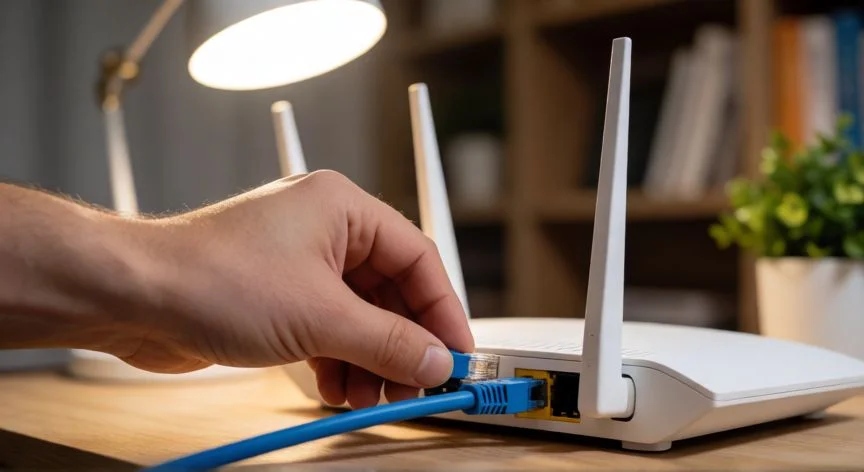 como mejorar tu internet, Mano conectando un cable Ethernet al puerto LAN de un router moderno