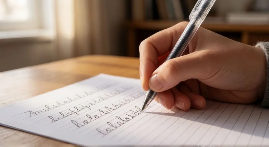 como mejorar tu letra, Mano escribiendo con agarre correcto sobre papel de caligrafía con pautas