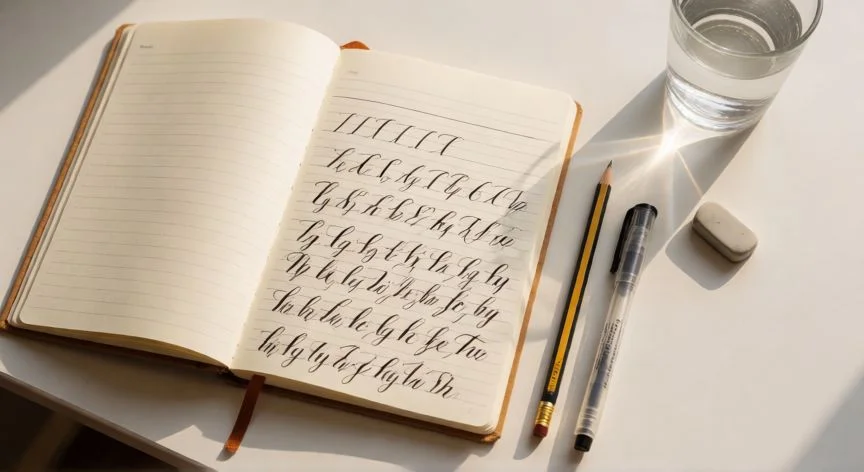 como mejorar tu letra, Mesa de práctica de caligrafía con cuaderno de ejercicios y bolígrafos