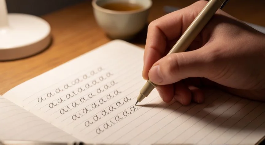 como mejorar tu letra en 10 minutos, Mano escribiendo letras con guía en una libreta con bolígrafo de punta fina