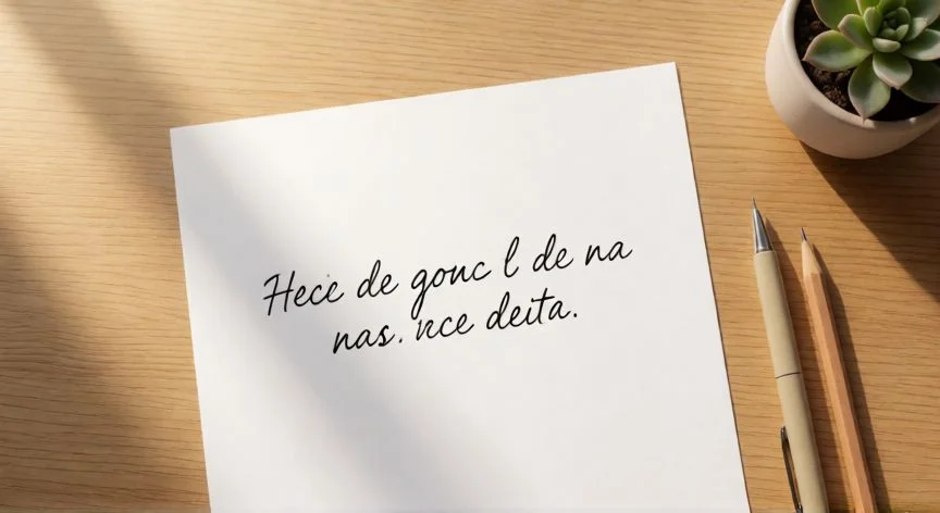 como mejorar tu letra en 10 minutos, Hoja de papel con una frase escrita a mano sobre escritorio de madera con luz natural