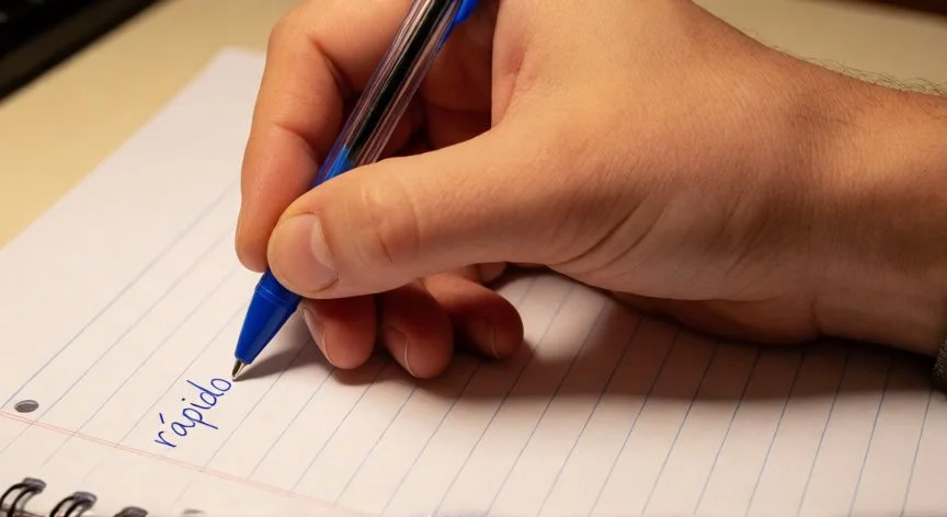 como mejorar tu letra rápidamente, Mano con agarre correcto escribiendo la palabra rápido en un cuaderno de líneas