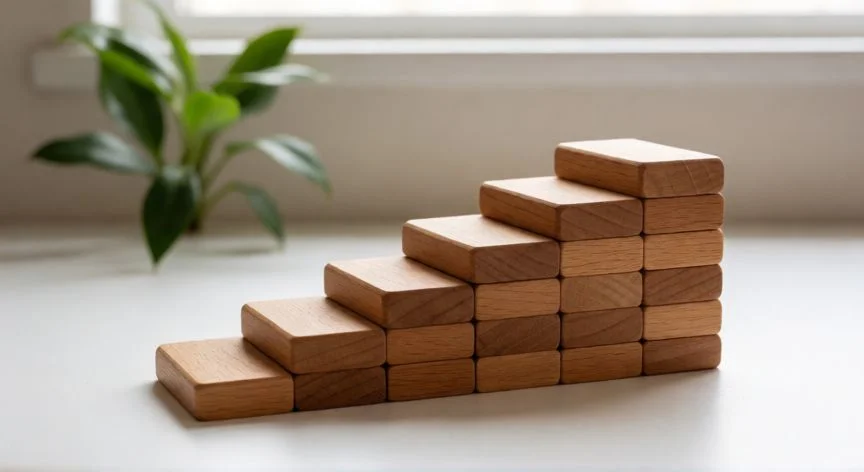 como mejorar un 1 cada dia, Escalera de bloques de madera representando el progreso incremental diario